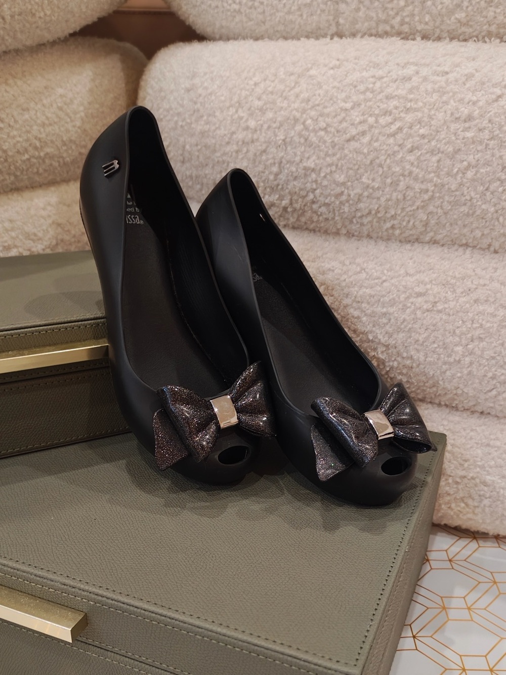 Mini Melissa Black Glitter Bow Peep-Toe Flats